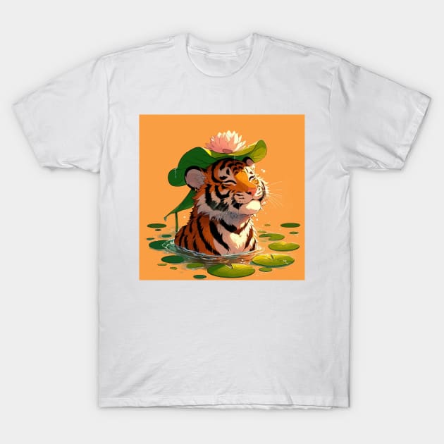 Kawaii Anime Tiger Bath With Water Lily T-Shirt by TomFrontierArt